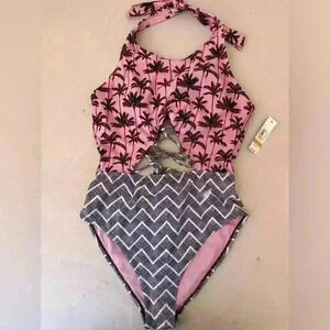 NO BOUNDARIES Juniors' Palm Sunrise One Piece Swimsuit Pink Nova Medium (7-9)